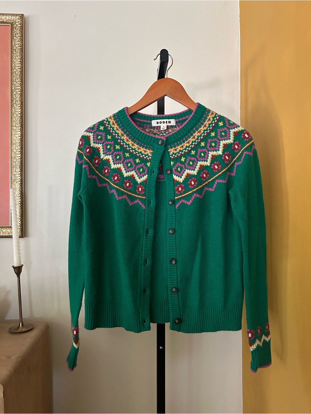 Boden Edie Fair Isle Cardigan Sweater Yoke Button Front Crewneck Green Size XS - Picture 2 of 7